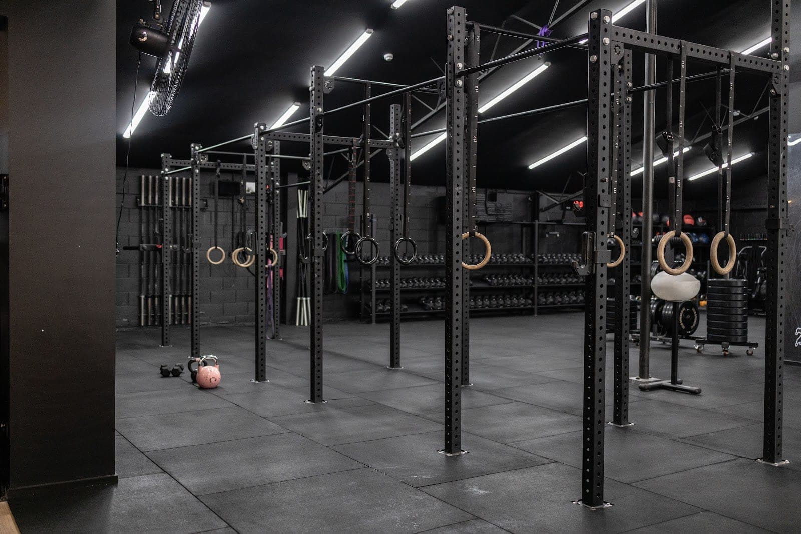 One of two rigs on the main floor — squat racks, gymnastic rings, kettlebells and dumbbell racks